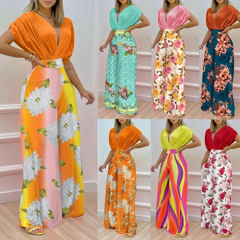 Damen Casual Blumenmuster Fledermausärmel V-Ausschnitt Oberteil Und Hohe Taille Weite Hose Elegant Sommer Urlaub Outfit