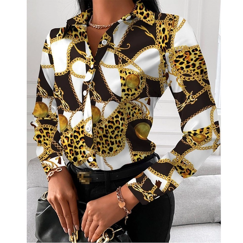 Elegante Damen Barock-Druck Satin Bluse Vintage Leopard Kette Knopfleiste Hemd Langarm Büro Party Mode Bluse Top