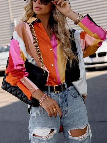 Women's Fashion Satin Printed Long Sleeve Blouse Casual Loose Single Breasted Lantern Sleeve Shirt Colorful Abstract Pattern Top