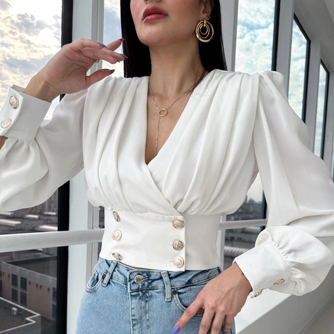 Blusa Corta de Mujer con Cuello en V y Mangas Abullonadas Elegante con Doble Botonadura y Botones Dorados Cintura de Nido de Abeja Camisa de Manga Larga Top Liso