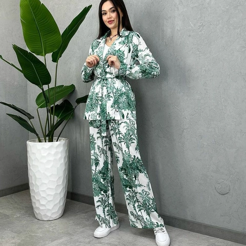 Women Elegant Tropical Palm Printed Shirt And Pants Lace-up Long Sleeve Top Wide Leg Trousers Casual Vacation Outfit