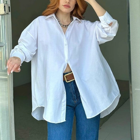 Chemise Oversize Femme Manches Longues Avec Fente Boutonnée Au Dos Chemisier Décontracté Uni Col Rabattu Mode Streetwear