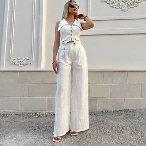 Tenue Été Femme Gilet Et Pantalon Sans Manches Revers Bouton Gilet Taille Haute Jambe Large Pantalon Élégant Bureau Dame Business Suits