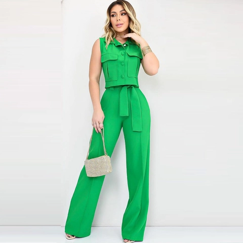 Mujer Sin Mangas Solapa Botón Arriba Y Pierna Ancha Pantalones Color Sólido Poliéster Elegante Commuter Moda Atuendo