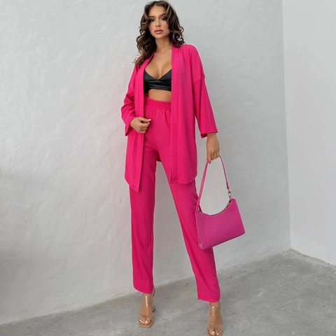 Damen Casual Zwei Teiler Set Locker Langarm Plissierte Textur Cardigan Und Hohe Taille Gerade Bein Hose Mode Lounge Set