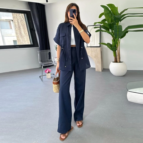 Conjunto Casual Mujer Top Y Pantalones Camisa Cargo Manga Corta Con Cordón Y Pantalones De Pierna Ancha Color Sólido Verano