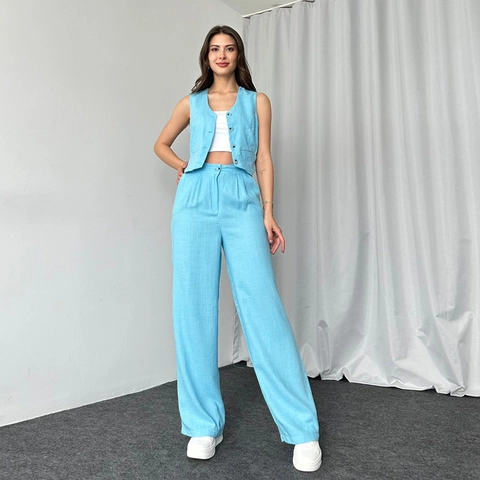 Women Casual Sleeveless Button Vest And High Waist Wide Leg Pants Outfit Elegant Solid Color Summer Clothing Suit