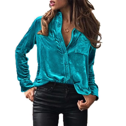 Women's Casual Long Sleeve Velvet Shirt Solid Color Button Down Lapel Blouse With Single Pocket Elegant Office Lady Tops