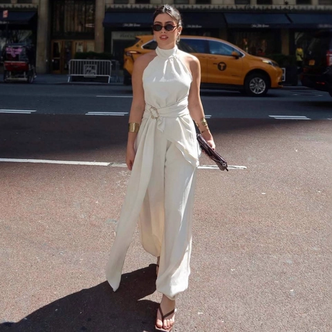Completo Due Pezzi da Donna Elegante Top con Scollo all'Americana Irregolare e Pantaloni a Gamba Larga Bianco Tinta Unita