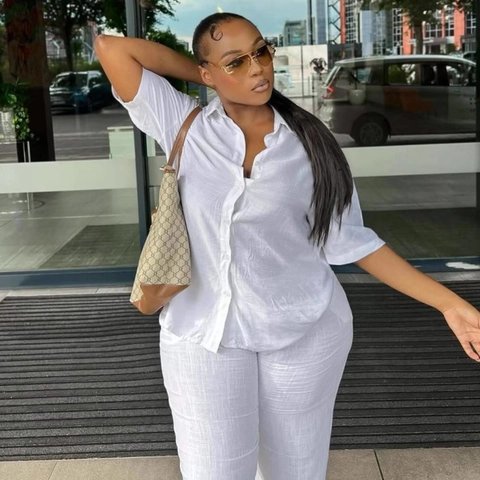 Damen Casual Weiß Kurzarm Revers Button Down Hemd Und Weite Hose Set Minimalistisch Sommer Strand Streetwear Outfit