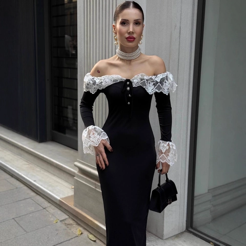 Damen Elegantes Off-Shoulder Kleid Mit Spitze Schwarz Langarm Glockenärmel Bodycon Abendkleid Midi Partykleid