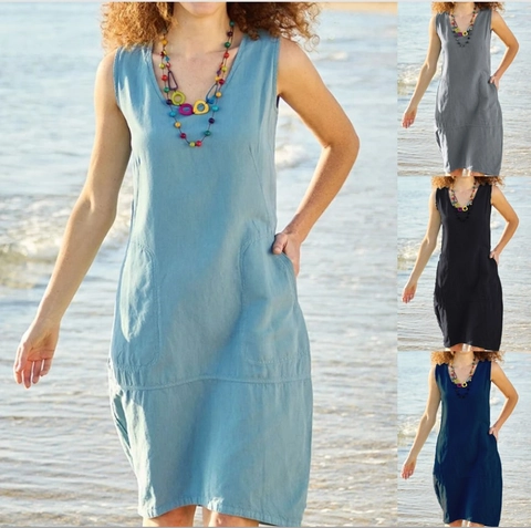 Women's Elegant Sleeveless V Neck Midi Dress With Pockets Casual Straight Solid Color Cotton Linen Look Summer Vacation Sundress