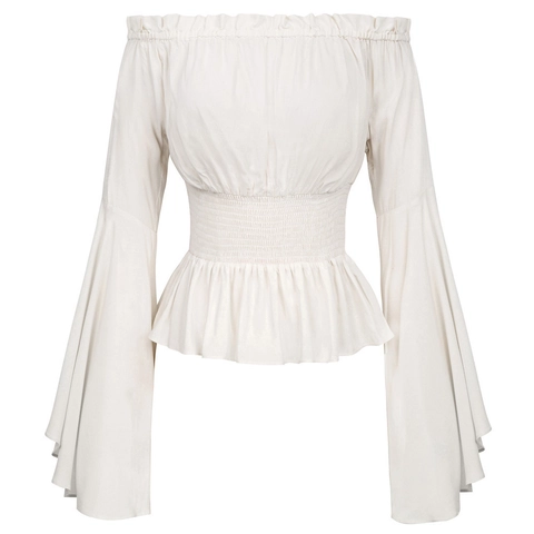 Women Renaissance Off Shoulder Blouse Medieval Smocked Waist Flared Sleeve Top Bohemian Vintage Pirate Cosplay Costume Shirt
