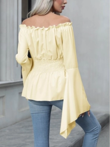 Camicetta da Donna Rinascimentale con Spalle Scoperte e Maniche a Campana Stile Medievale Vintage con Volant e Smock