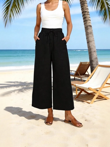 Pantaloni a Gamba Larga a Vita Alta da Donna Tinta Unita con Coulisse Pantaloni Casual da Spiaggia con Tasche