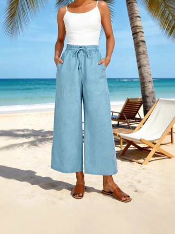 Pantaloni a Gamba Larga a Vita Alta da Donna Tinta Unita con Coulisse Pantaloni Casual da Spiaggia con Tasche