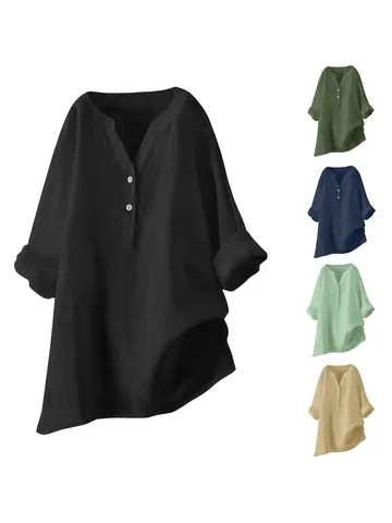Damen Casual Baumwoll-Leinen Bluse Locker Langarm Hemd Pullover Top Mit Knöpfen Unregelmäßiger Saum Bequem Einfarbig Tunika
