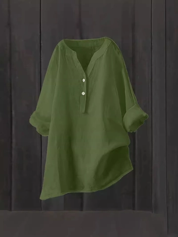 Damen Casual Baumwoll-Leinen Bluse Locker Langarm Hemd Pullover Top Mit Knöpfen Unregelmäßiger Saum Bequem Einfarbig Tunika