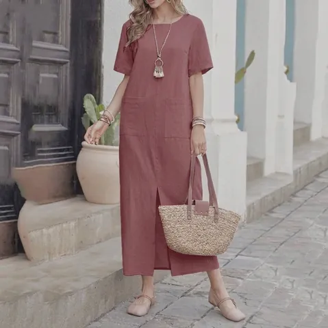 Dames Casual Korte Mouw Ronde Hals Losse Maxi Jurk Effen Kleur Katoen Linnen Look Zak Split Zomer Strand Jurk