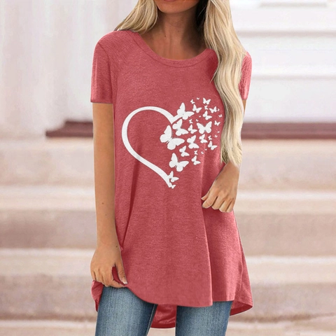 Damen Casual Baumwollmischung T-Shirt Mit Schmetterling Herz Print Kurzarm Rundhals Lockere Passform Vokuhila Saum Top