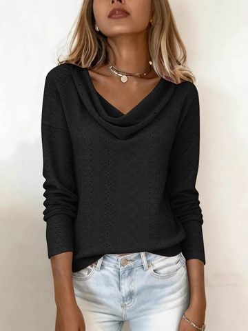 Women's Cowl Neck Long Sleeve Top Casual Eyelet Pointelle Knit Drop Shoulder Loose Fit Solid Color Polyester T-Shirt