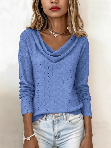 Women's Cowl Neck Long Sleeve Top Casual Eyelet Pointelle Knit Drop Shoulder Loose Fit Solid Color Polyester T-Shirt