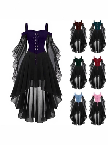 Abito Gotico Vintage Donna Alto Basso Costume da Strega Halloween Spalla Scoperta Pizzo Maniche a Campana Corsetto Maxi Abito