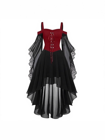 Abito Gotico Vintage Donna Alto Basso Costume da Strega Halloween Spalla Scoperta Pizzo Maniche a Campana Corsetto Maxi Abito