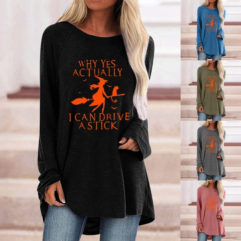 Women's Halloween Witch Print Long Sleeve T-Shirt Loose Casual Crew Neck Tunic Top Letter Graphic Autumn Holiday Top