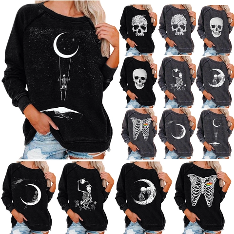 Dames Casual Halloween Schedel Print Sweatshirt Losse Ronde Hals Lange Mouwen Pullover Herfst Winter Grafische Mode Top
