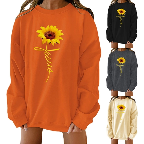 Dames Casual Zonnebloem Jesus Print Lange Mouw Sweatshirt Losse Afhangende Schouder Ronde Hals Herfst Winter Pullover Top