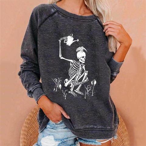 Dames Casual Halloween Schedel Print Sweatshirt Losse Ronde Hals Lange Mouwen Pullover Herfst Winter Grafische Mode Top