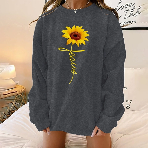 Dames Casual Zonnebloem Jesus Print Lange Mouw Sweatshirt Losse Afhangende Schouder Ronde Hals Herfst Winter Pullover Top