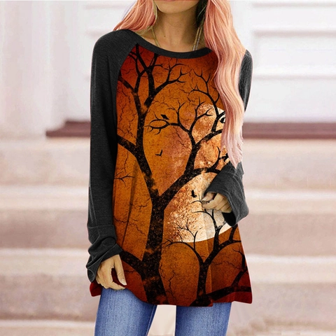 T-Shirt da Donna Halloween Gotica con Stampa Grafica Manica Lunga Raglan Girocollo Morbida Autunno Inverno Festa Top Casual