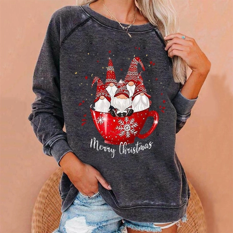 Women Casual Christmas Gnome Print Sweatshirt Loose Cotton Blend Raglan Sleeve Round Neck Pullover Holiday Party Jumper Top