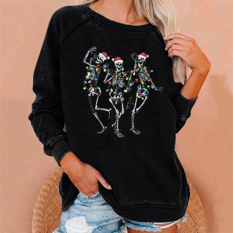 Felpa da Donna con Stampa Scheletro di Natale Casual Girocollo a Maniche Lunghe Pullover in Misto Cotone Festa Streetwear