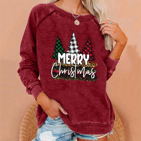 Women's Christmas Printed Sweatshirt Long Sleeve Round Neck Loose Fit Cotton Blend Plaid Leopard Holiday Pullover Tops