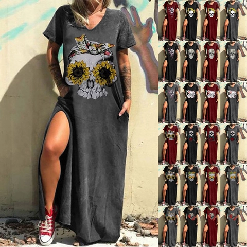 Damen Casual V-Ausschnitt Kurzarm Totenkopf Blumenmuster Schlitz Tasche Maxi Kleid Streetwear Punk Gothic Langes T-Shirt Kleid