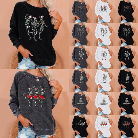 Felpa da Donna con Stampa Scheletro di Natale Casual Girocollo a Maniche Lunghe Pullover in Misto Cotone Festa Streetwear
