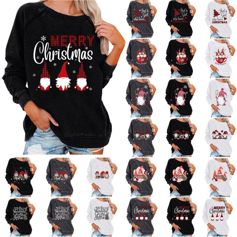 Women Casual Christmas Gnome Print Sweatshirt Loose Cotton Blend Raglan Sleeve Round Neck Pullover Holiday Party Jumper Top