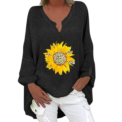 Camicia da Donna Casual in Cotone Lino Scollo a V Manica Lunga Boho Stampata Blusa Oversize per Donna Abbigliamento Quotidiano