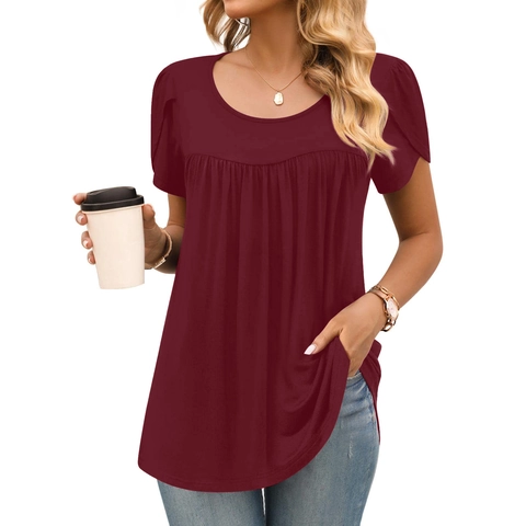 Damen Casual Rundhals T-Shirt Faltenfront Blütenblatt-Ärmel Einfarbig Locker Sitzendes Tunika-Oberteil Weiches Polyester Top