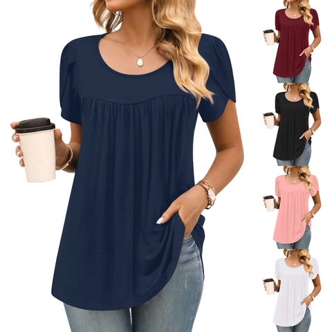 Damen Casual Rundhals T-Shirt Faltenfront Blütenblatt-Ärmel Einfarbig Locker Sitzendes Tunika-Oberteil Weiches Polyester Top