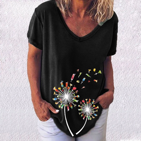 Women's Casual Cotton Blend V Neck Short Sleeve T-Shirt Loose Summer Top With Dandelion Giraffe Llama Print Daily Wear