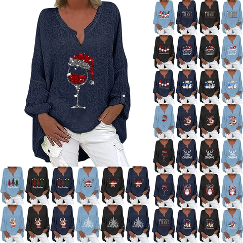 Chemise de Noël pour Femmes Col en V Coton Lin Manches Longues Ample Impression Festive Gnomes Renne Haut pour Fête