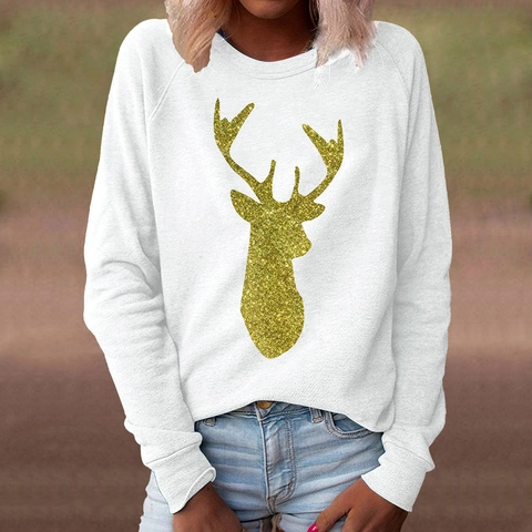 Dames Kerst Rendier Sweatshirt Goud Glitter Stag Grafisch Ronde Hals Lange Mouw Pullover Casual Winter Mode Top