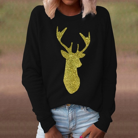 Dames Kerst Rendier Sweatshirt Goud Glitter Stag Grafisch Ronde Hals Lange Mouw Pullover Casual Winter Mode Top