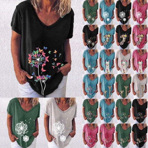 Women's Casual Cotton Blend V Neck Short Sleeve T-Shirt Loose Summer Top With Dandelion Giraffe Llama Print Daily Wear