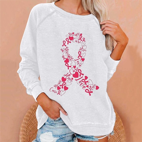 Sudadera Casual de Mezcla de Algodón con Cuello Redondo para Mujer Estampado de Cinta Rosa Cáncer de Mama Top Pullover