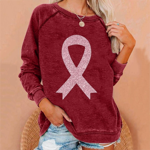 Dames Casual Raglanmouw Sweatshirt Borstkanker Bewustzijn Roze Lint Print Ruime Lange Mouw Dikke Pullover